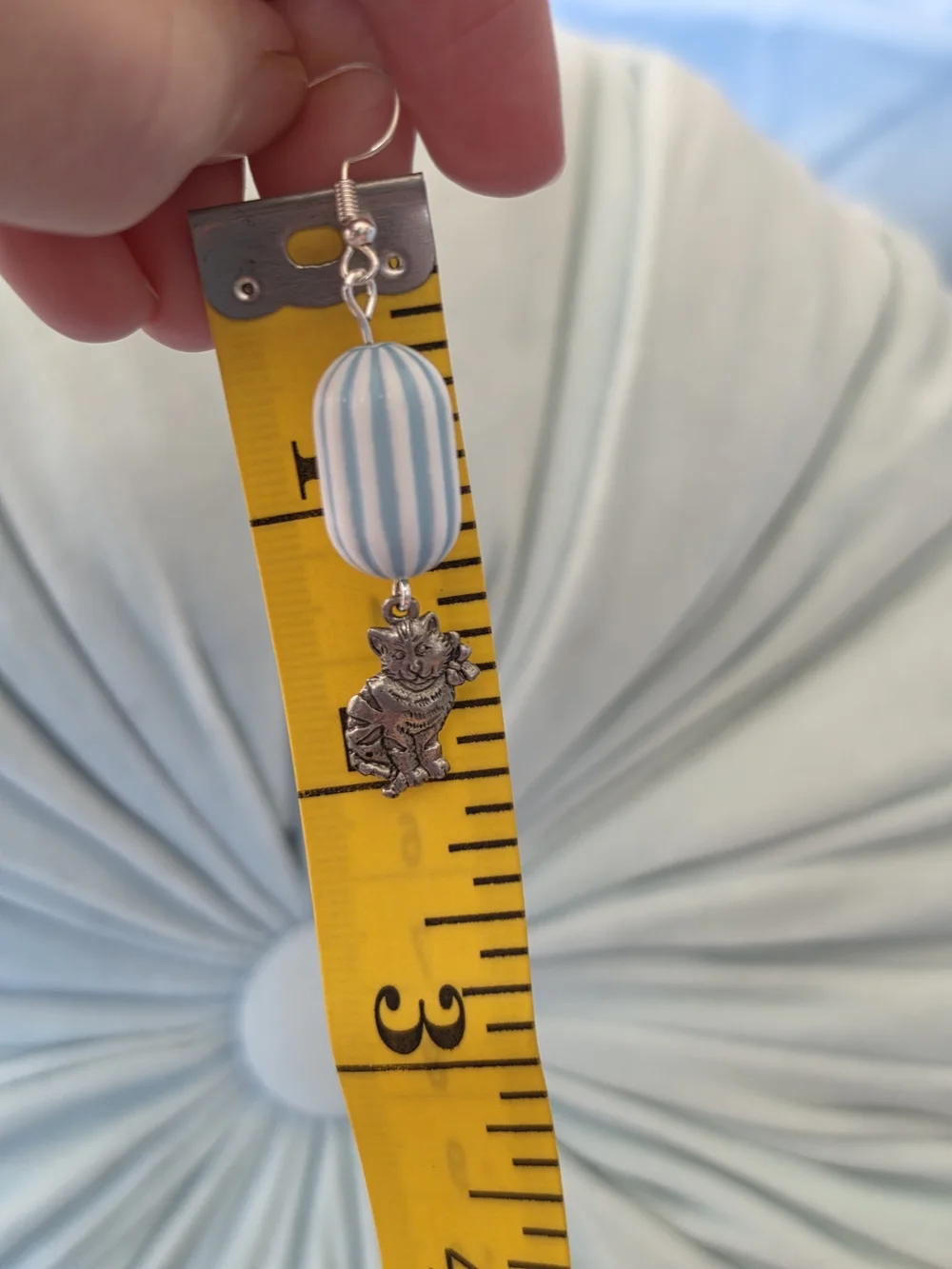 Handcrafted Blue and White Striped Cat Earrings